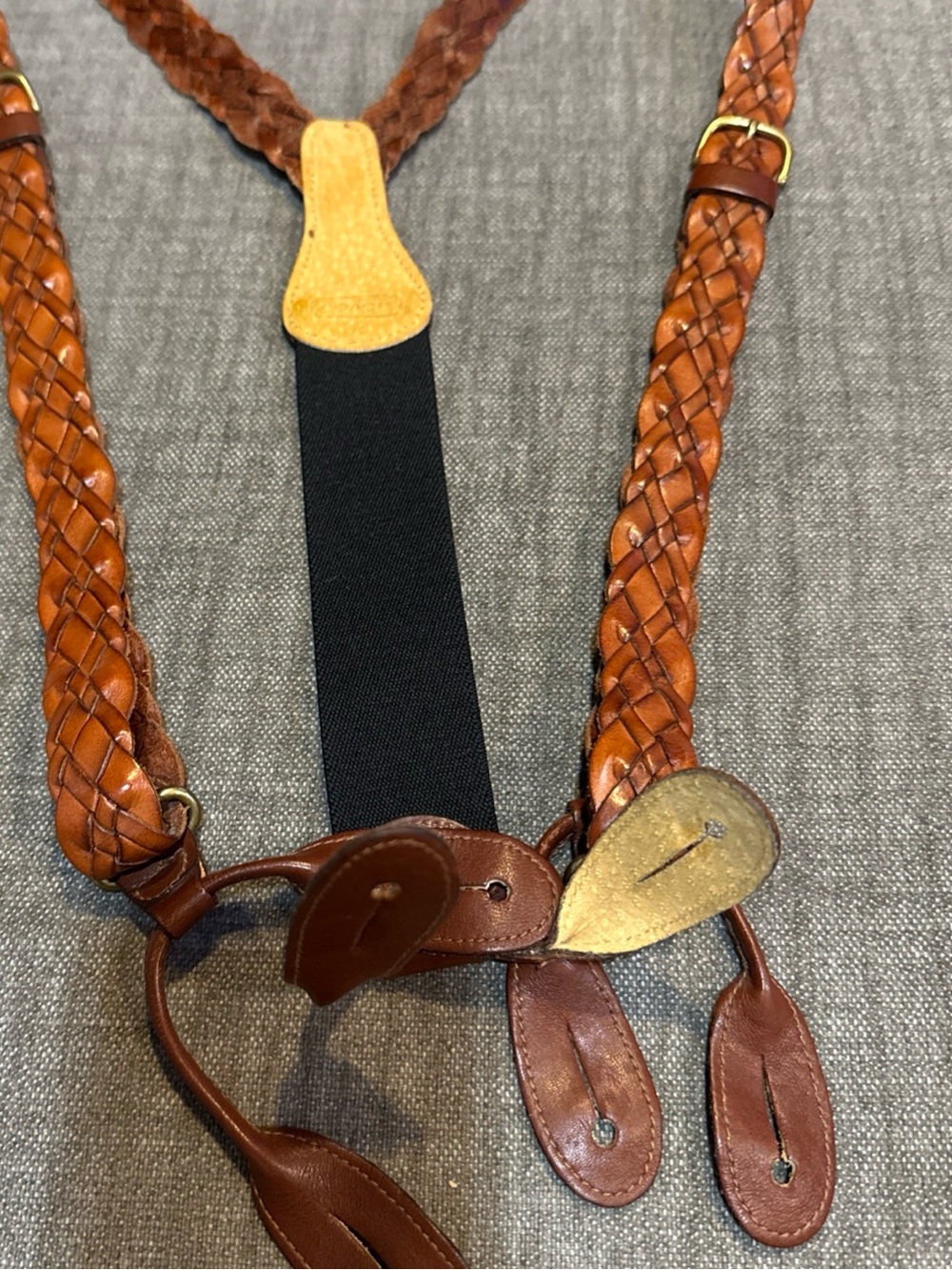 Coach Braided Leather Suspenders in Brown with Gold Accents